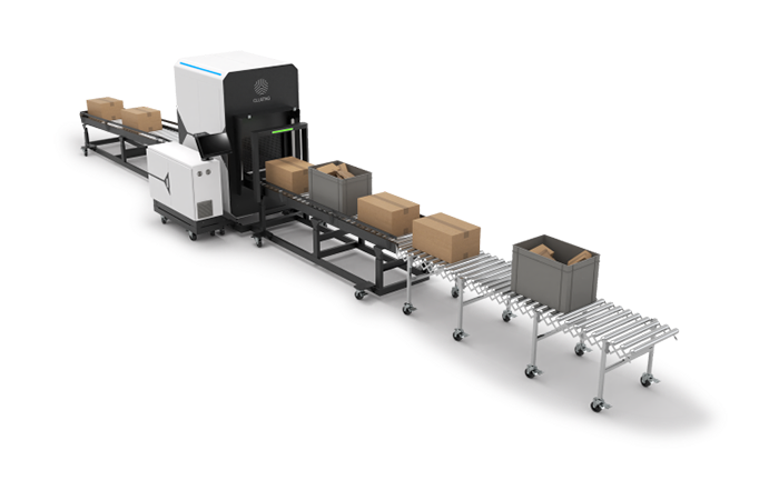 The image depicts a modern conveyor belt system in a warehouse or distribution center setting,